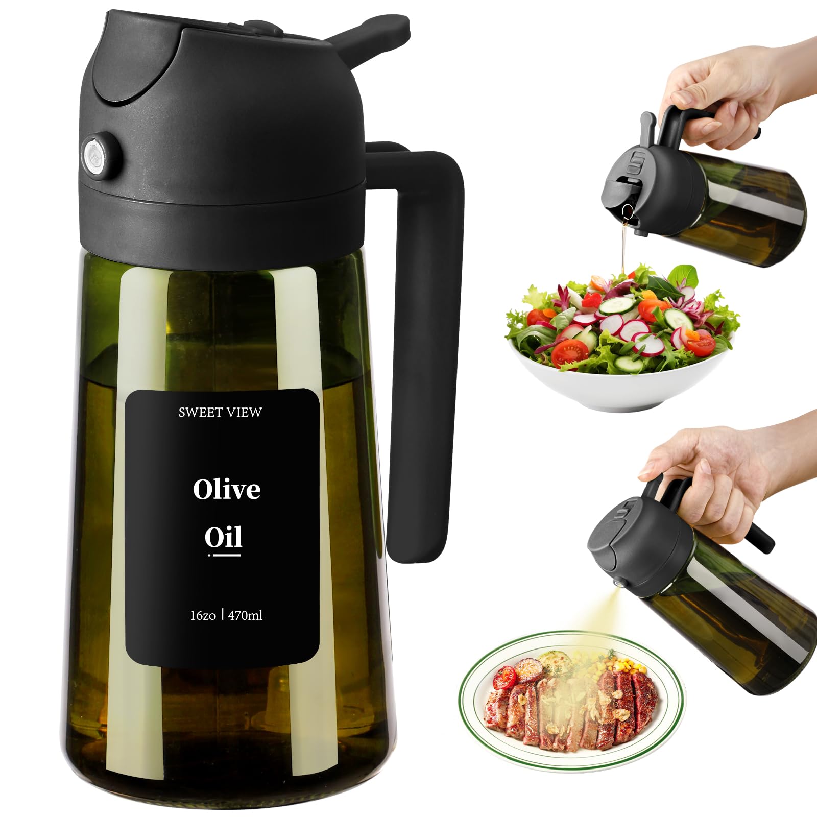 SWEET VIEW Oil Spray Sprayer and Oil Dispenser | 470ml Light Proof Glass Oil Pou
