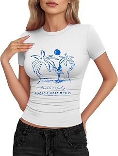 YOGINGO 2 Pack Women's Basic T Shirts Short Sleeve Round Neck Slim Fit T-Shirts Summer 2024 Y2k Going Out Crop Tops Tight Shirts