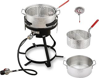 Feasto 10 Qt Outdoor Propane Gas Fish Fryer Pot Kit with Strainer Basket | Aluminum, 50,000 BTU Burner, Adjustable 0-5 PSI Regulator, Perfect for Boiling and Frying