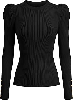 PRETTYGARDEN Women's Crew Neck Puff Sleeve Ribbed Knit Fall Sweaters Trendy
