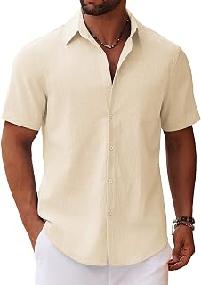 COOFANDY Men's Short Sleeve Button Down Shirt Cotton Summer Beach Wedding Shirt with Pocket