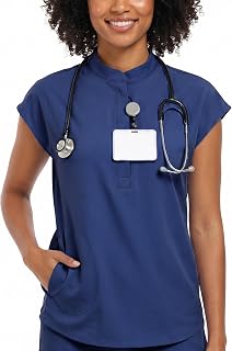 VECARDI Womens Scrub Top Zip Front Short Sleeve Nurse Shirt with Pockets | Breathable Stretch FabricSoft Comfortable FitEasy Care MaterialBadge Loop DetailAll Day Work Comfort