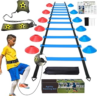 YGORTECH Soccer Agility Set with 20ft Ladder, 12 Cones & Solo Trainer | Blue non-slip ladder, includes 12 cones & solo kick trainer. Great for footwork, speed & ball control drills.