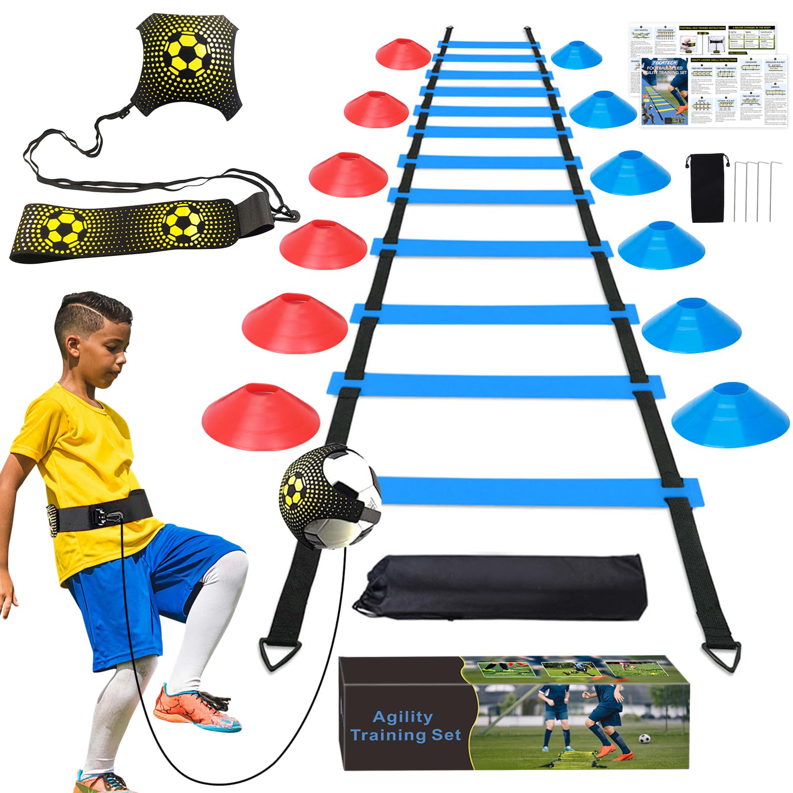 YGORTECH Soccer Agility Set with 20ft Ladder, 12 Cones & Solo Trainer | Blue non