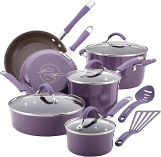 Rachael Ray Cucina Nonstick Cookware Purple Pots and Pans Set, 12-Piece | Easy cleanup, cooking pans and pot set, oven safe to 400Â°F, glass lids, lavender purple, Rachel Ray pots and pans set
