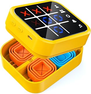 Rechargeable Tic Tac Toe Game Box with 5 Fun Brain and Memory Games, Yellow | Compact Handheld Puzzle Game Console, Portable Travel Game, Ideal Birthday Christmas New Year Gifts for Kids Ages 3+