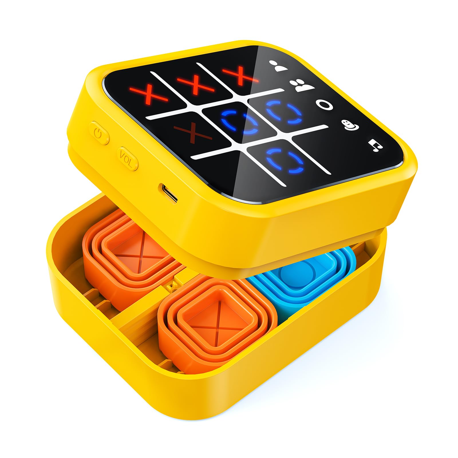 Rechargeable Tic Tac Toe Game Box with 5 Fun Brain and Memory Games, Yellow | Co