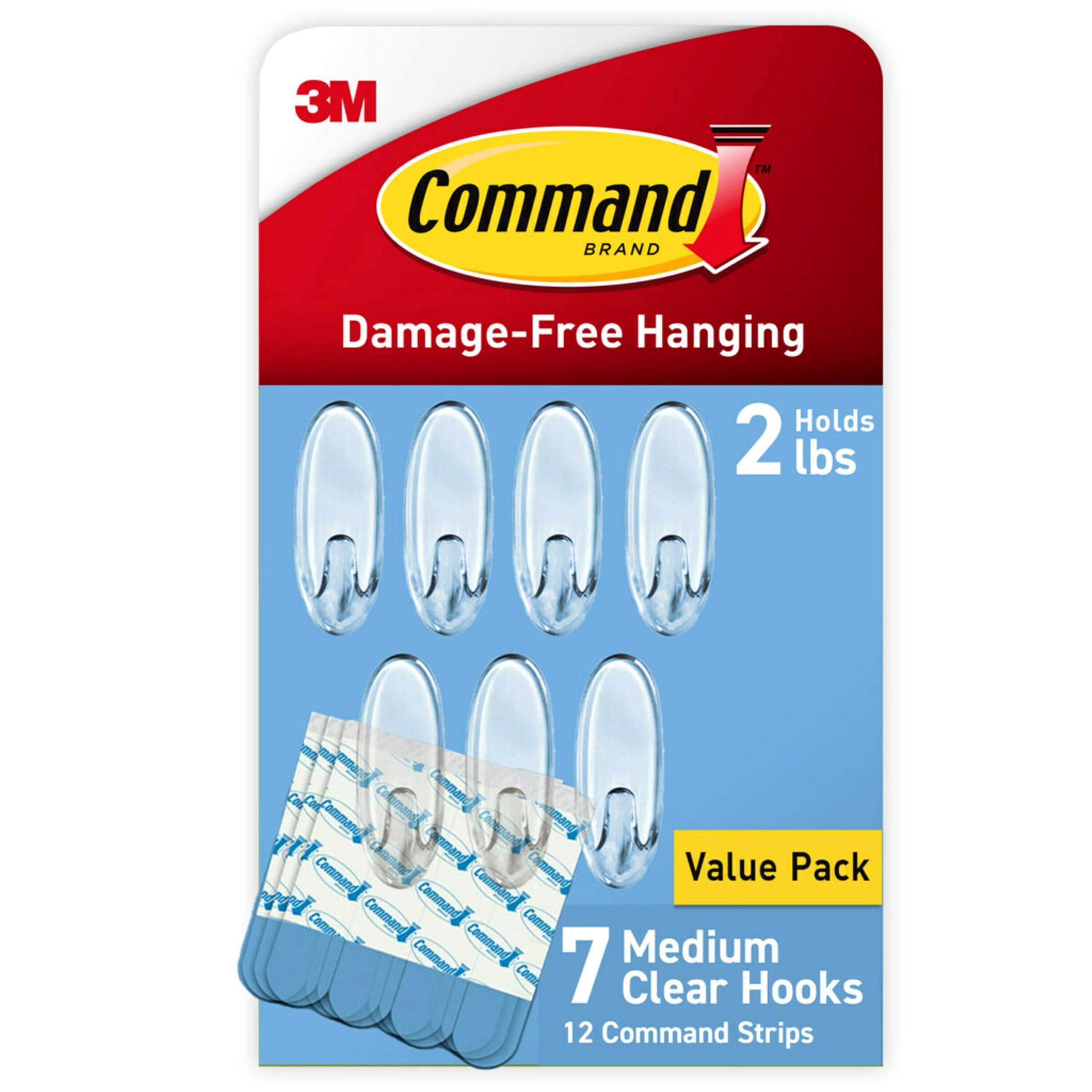 Command Medium Clear Clear Hooks, 7 Hooks, 12 Strips | Damage-Free Hanging Wall 