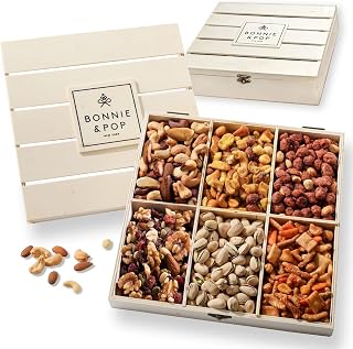 Nut Gift Basket, Wooden Crate Gourmet, Healthy Variety- Bonnie & Pop | Roasted snack assortment box, gifting, parties, holidays, birthday, office, sympathy, Thanksgiving, food package, reusable