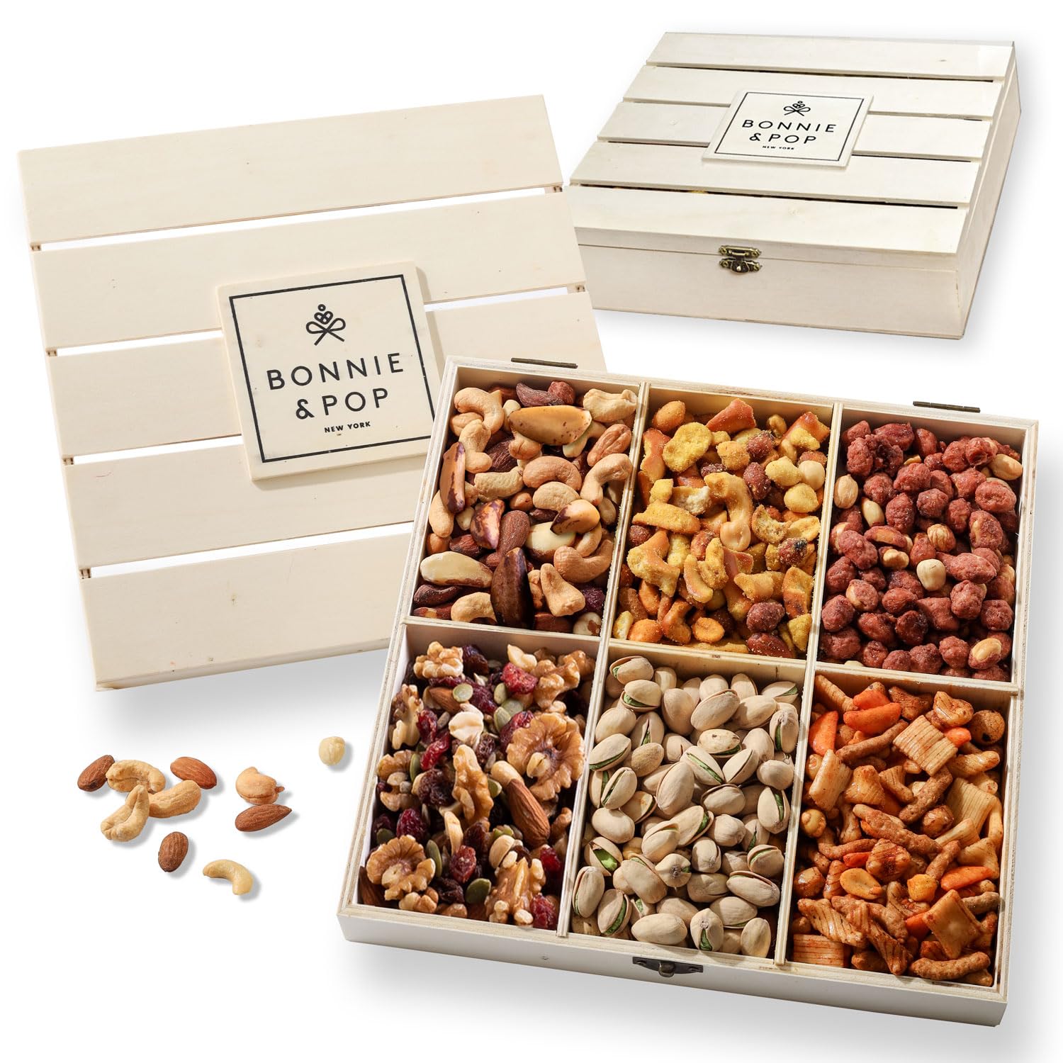 Nut Gift Basket, Wooden Crate Gourmet, Healthy Variety- Bonnie & Pop | Roasted s