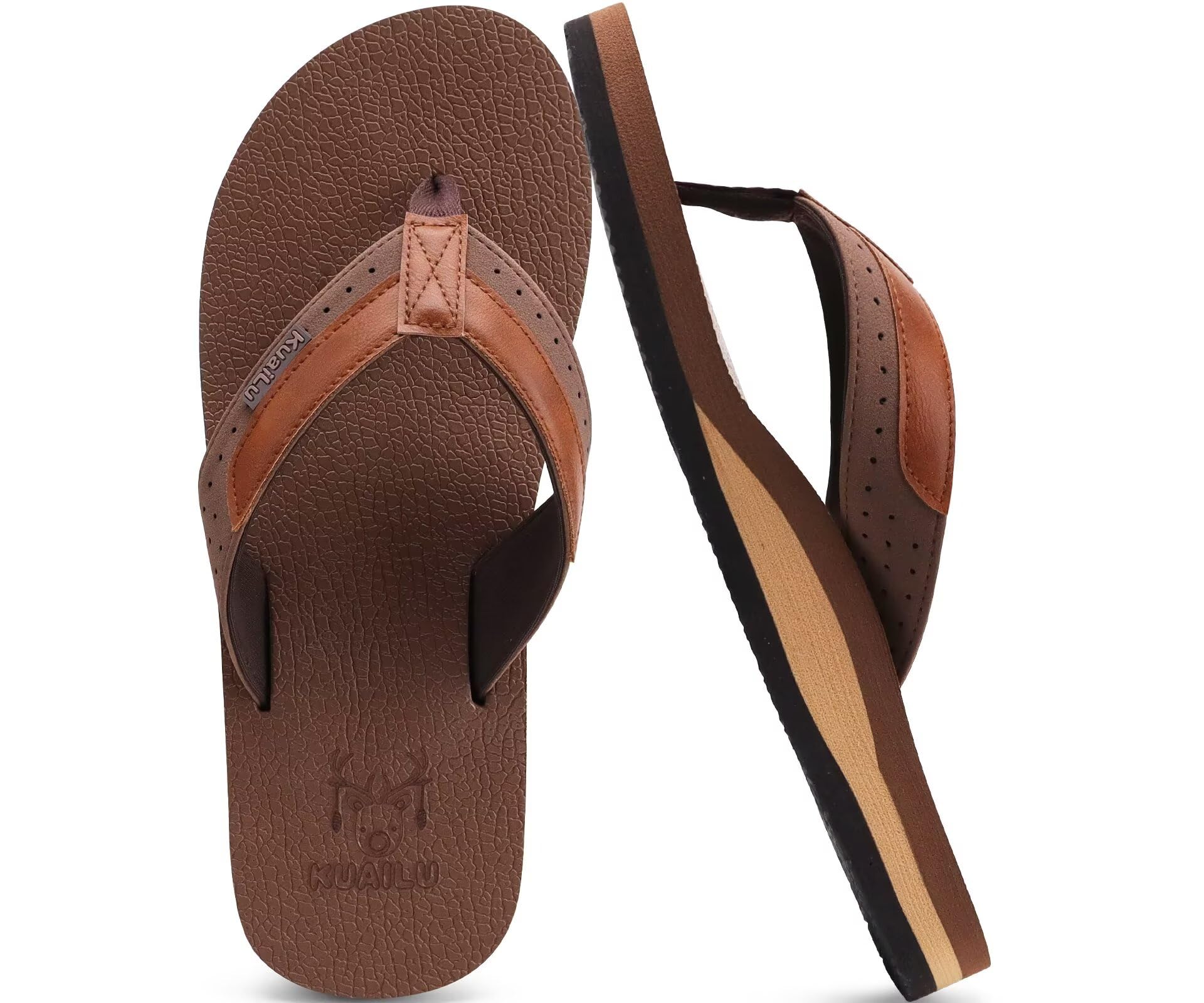 KuaiLu Men's Summer Flip Flops Arch Support Leather Beach Non-Slip