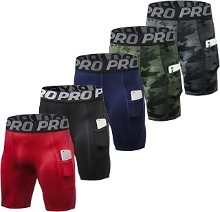 YUSHOW Men's Compression Shorts in Pack of 3 Cool Dry Running Shorts with Phone Pocket Cycling Tights for Athletic Training Gym