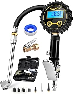 AZUNO Digital Tire Inflator with Pressure Gauge, 200 PSI, Heavy Duty Air Compressor Accessories, with Rubber Hose Lock on Air Chuck and Quick Connect Coupler, Comes with a Portable Carrying Box