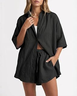 2 Piece Outfits for Women Summer Shirt and Shorts Sets with Pockets