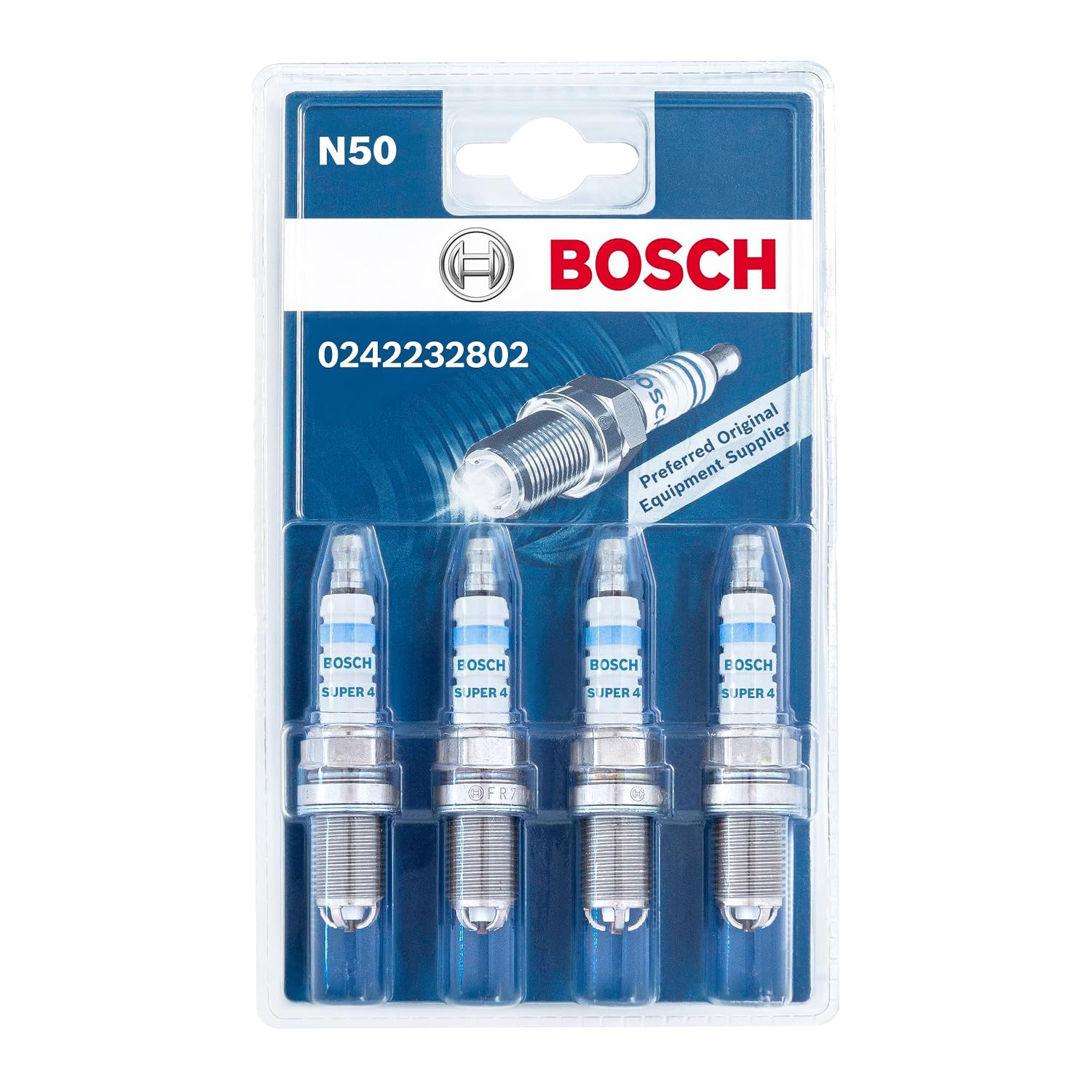 Bosch Spark Plugs Super 4 0242232802 (N50), Set of 4 | For a Reliable Gasoline E
