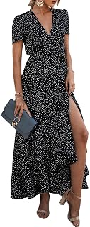 PRETTYGARDEN Summer Wrap Maxi Dress for Women Casual Boho Floral V Neck Short Sleeve Ruffle Hem Beach Maxi Dress