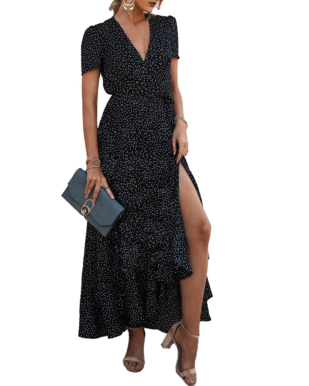 PRETTYGARDEN Summer Wrap Maxi Dress for Women Casual Boho Floral V Neck Short Sl
