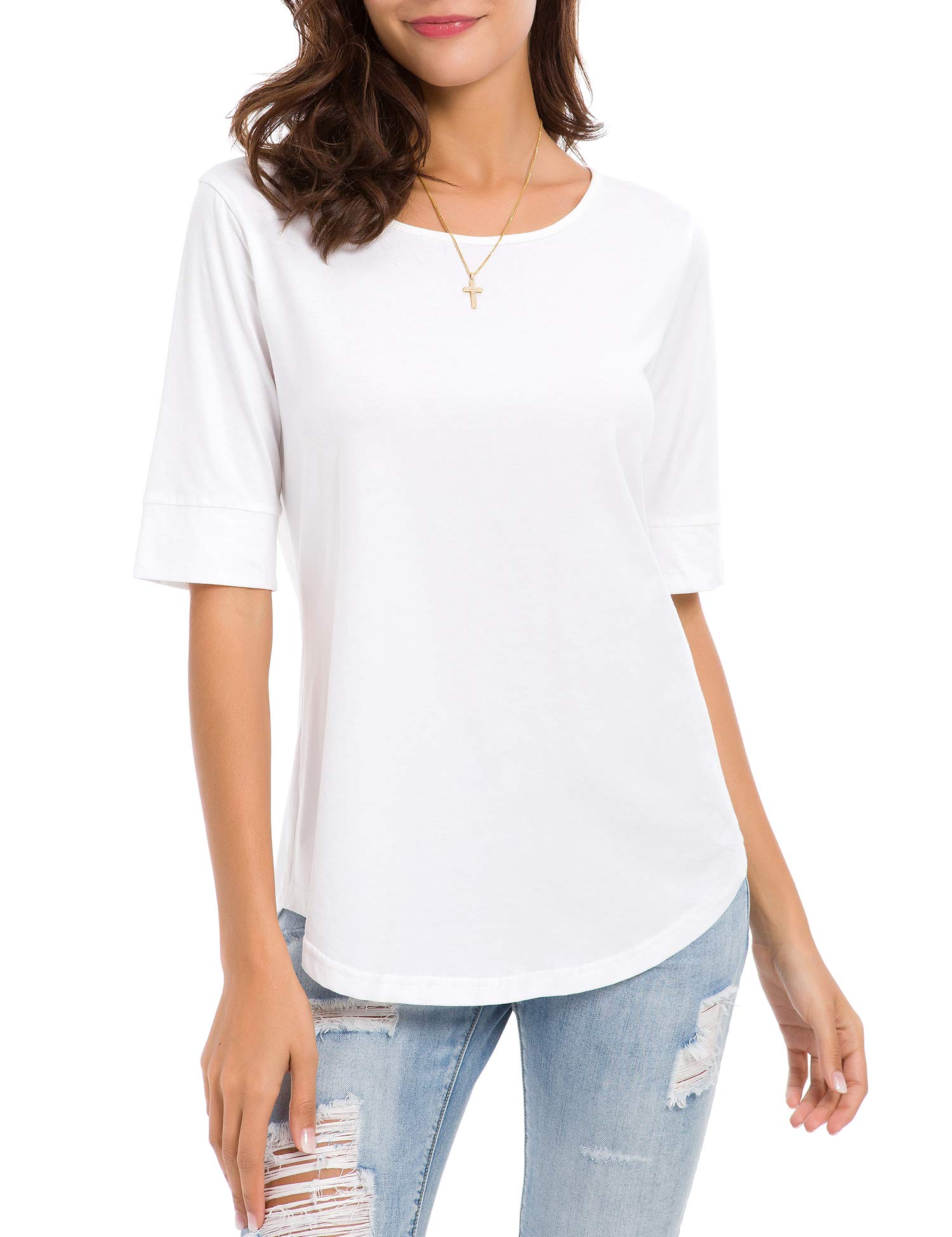 Womens Cotton Tops Elbow Sleeve Summer Casual Tunic Tops