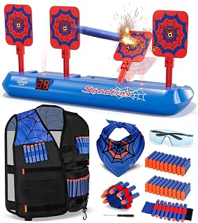 Lehoo Castle Electronic Target for Nerf Guns, Spider Shooting Toy | Auto-Reset Targets, LCD Scoring, Lights & Sounds, Tactical Vest, Mask, 60 Foam Darts, Gift for Boys & Girls Ages 3+