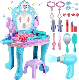 Girl Frozen Toy Vanity Table and Chair with Mirror and Lights & Music | Girls Magic Makeup Set Kids Pretend Play Toys for 3 4 5 Year Old Girl Princess Dress Playset Christmas Birthday Gifts Age 3-5