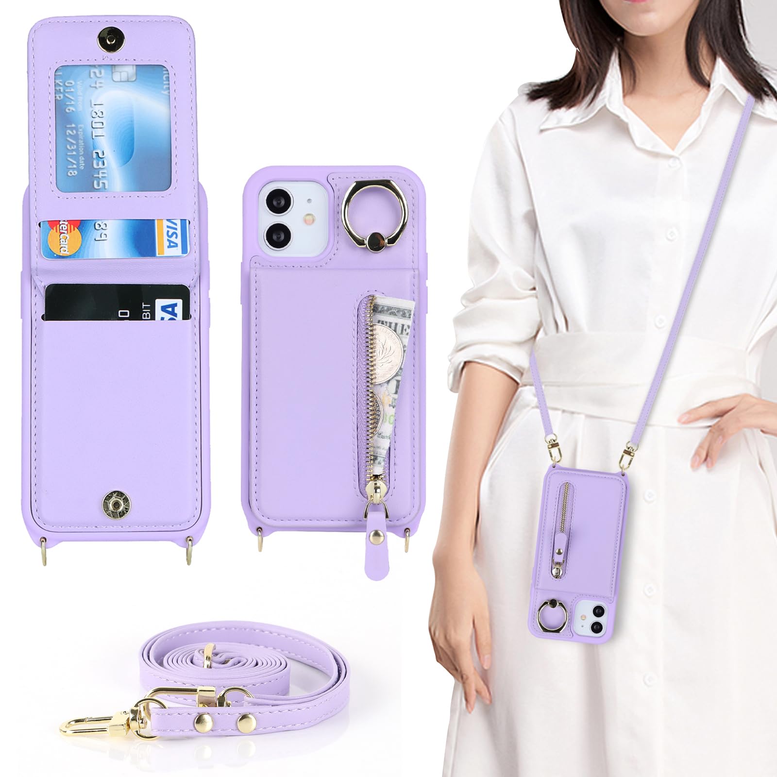 iPhone 12 mini Case Shoulder Ring Attached Case Strap Case Back Flip Wallet Styl