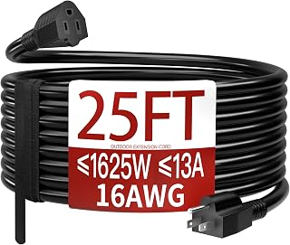 Skrizcable 16/3 25 FT Outdoor Extension Cord Waterproof, Black Power Cord | Weatherproof & Flame Retardant, 25 Foot Appliance Extension Cord Outside for Lawn & Garden, 13A 1625W 16AWG SJTW, ETL Listed
