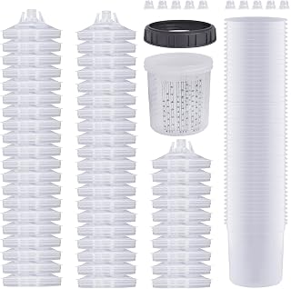 Aflybltol Disposable Paint Sprayer Mixing Cup for Automotive Paint Gun, HVLP Paint Spray Paint Gun 20 Ounce (600ml) Kit with 50 Cups and Lids System, 1 Hard Cup with Retainer Ring and 10 Plugs