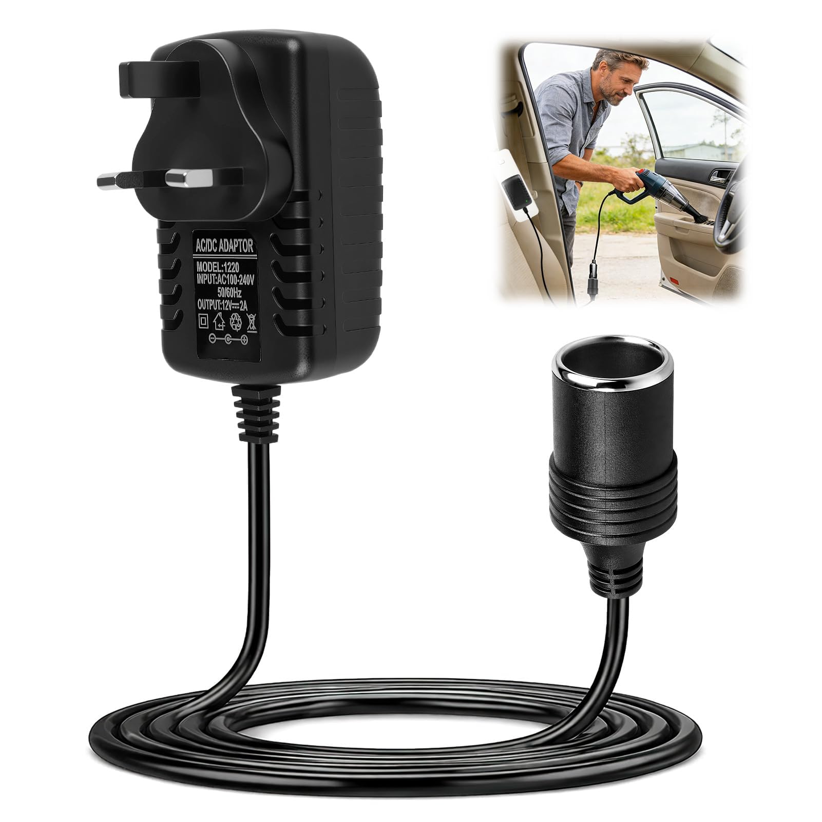 Car Plug Adapter to UK Plug Socket, 12V Plug Adapter, Car Power Inverter | 240V 
