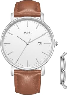 BUREI Stylish Men's Watches Minimalist Ultra Slim Date Large Face Watch with Teacher Strap