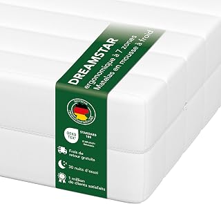 DREAMSTAR Easy Flex Matelas ergonomique en mousse froide, à 7 zones, certifié Öko-Tex, degré de fermeté H2 et H3, enroulable, 21 cm, fabriqué en UE, 80 x 200 cm