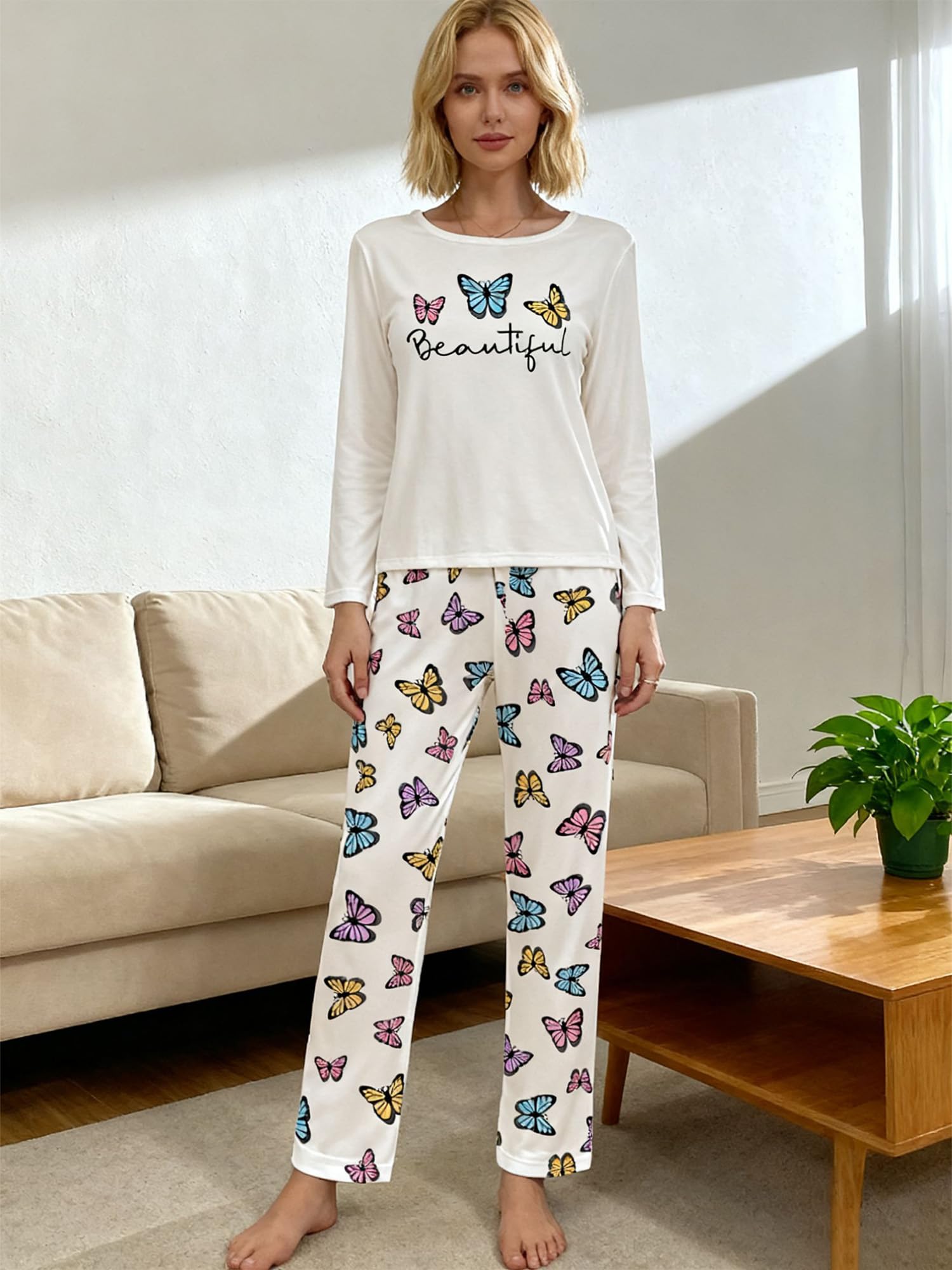 Women Long Sleeve Button Down Pyjamas Set 2 Pieces Cartoon Lounge Wear Soft Home