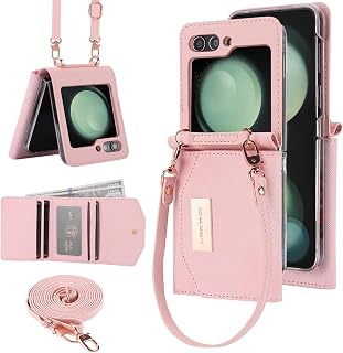 for Samsung Galaxy Z Flip 6 Wallet Case with Built-in Leather Cash Slot and Credit Card Holder. Wristlet Strap and Hinge Protection, Carrying Handbag Phone Case for Women Ladies.(Pink)