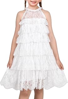 Sunny Fashion Girls Dress White Lace Flowy A-line Tiered Sleeveless Sundress Wedding Party Size 7-14 Years