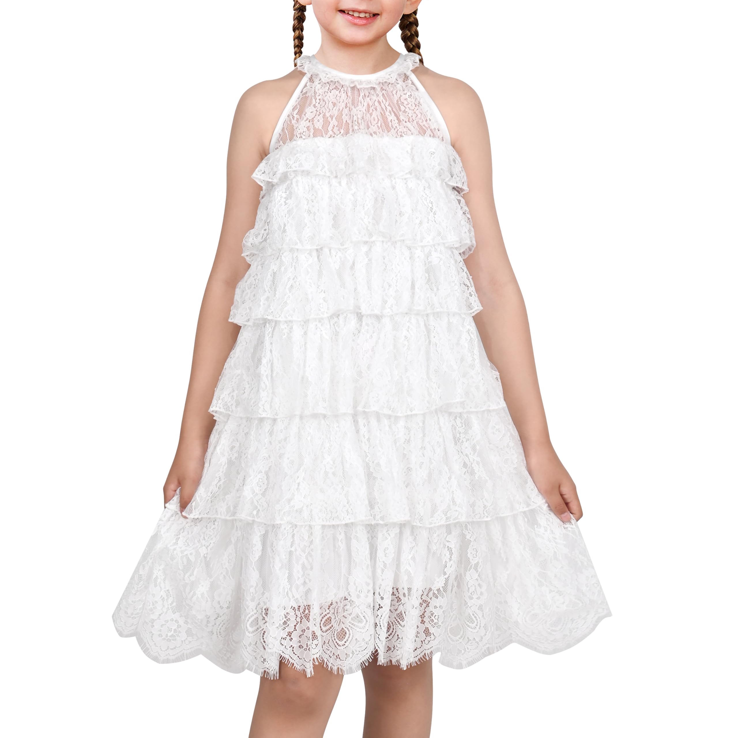Sunny Fashion Girls Dress White Lace Flowy A-line Tiered Sleeveless Sundress Wed
