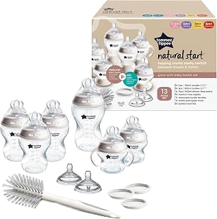 Tommee Tippee Natural Start Baby Bottle Set, Breast-Like Nipples, 0m+ | 12 Pieces, 2x5oz, 3x9oz, 1x11oz Bottles, Slow, Medium & Thicker Flow Nipples, Cleaning Brush, BPA Free, Clear