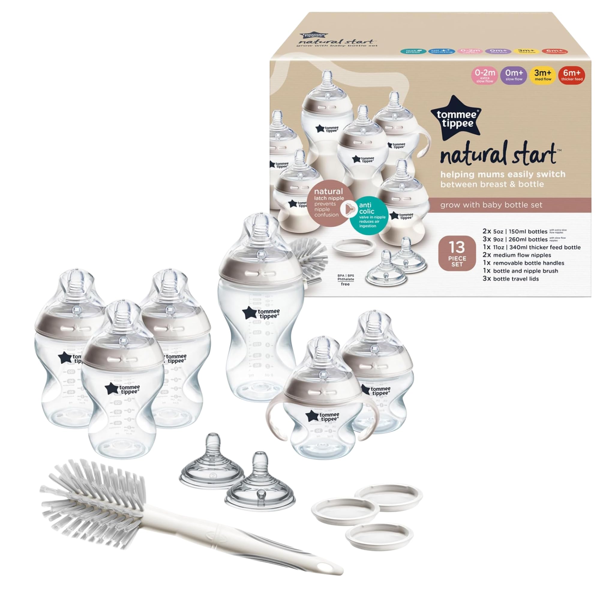 Tommee Tippee Natural Start Baby Bottle Set, Breast-Like Nipples, 0m+ | 12 Piece