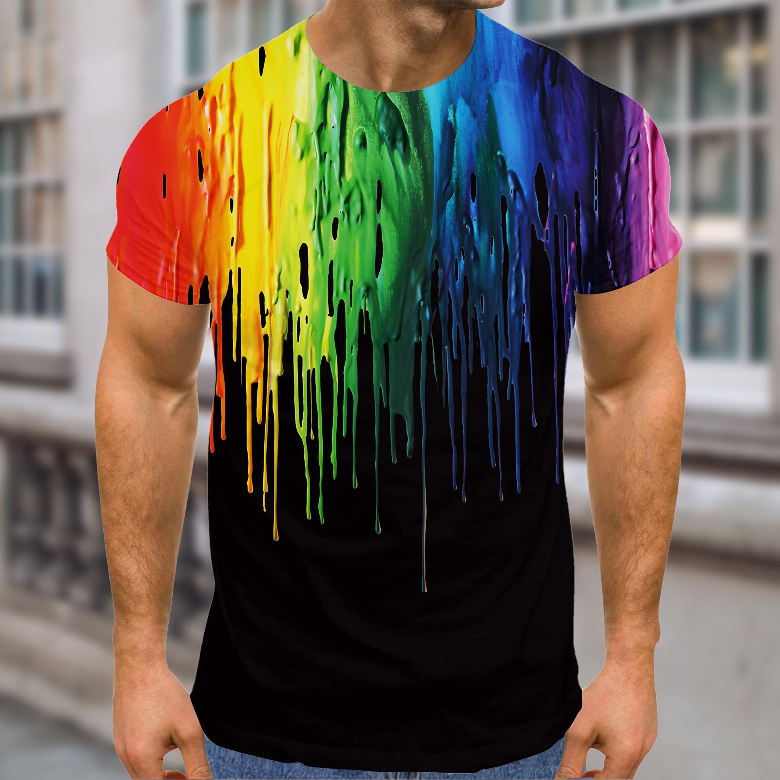 Camiseta gráfica para hombre con estampado geométrico, cuello redondo, manga cor