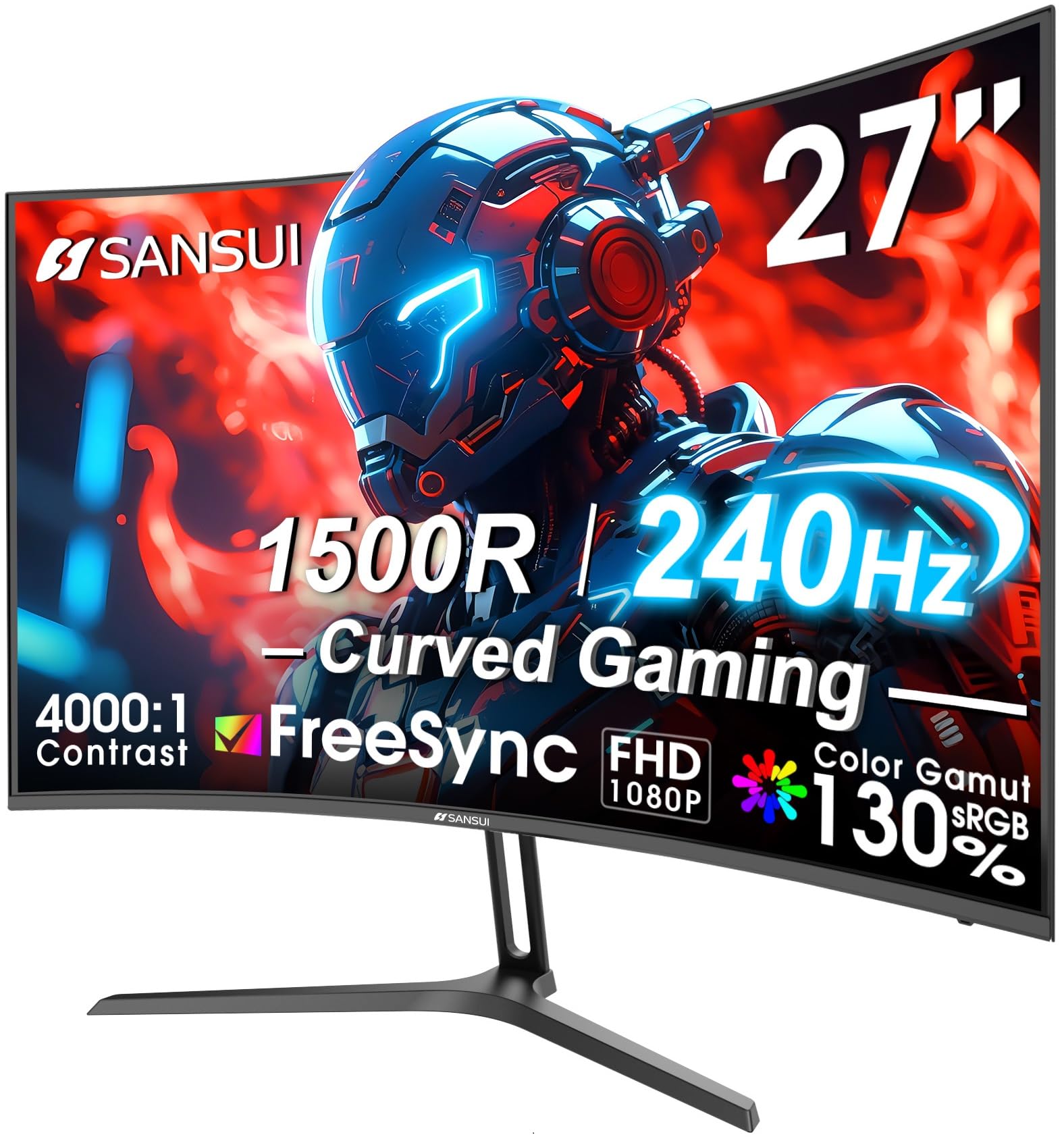 SANSUI 27 Inch Curved 240Hz Gaming Monitor FHD 1080P, 1500R Curve Computer Monit