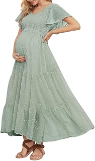 guruixu Swiss DOT Polka Dot Maternity Dress with V Neck Ruffle Sleeves Photo Shoot Baby Shower Dress Ruffle Smocked Pregnancy Dress