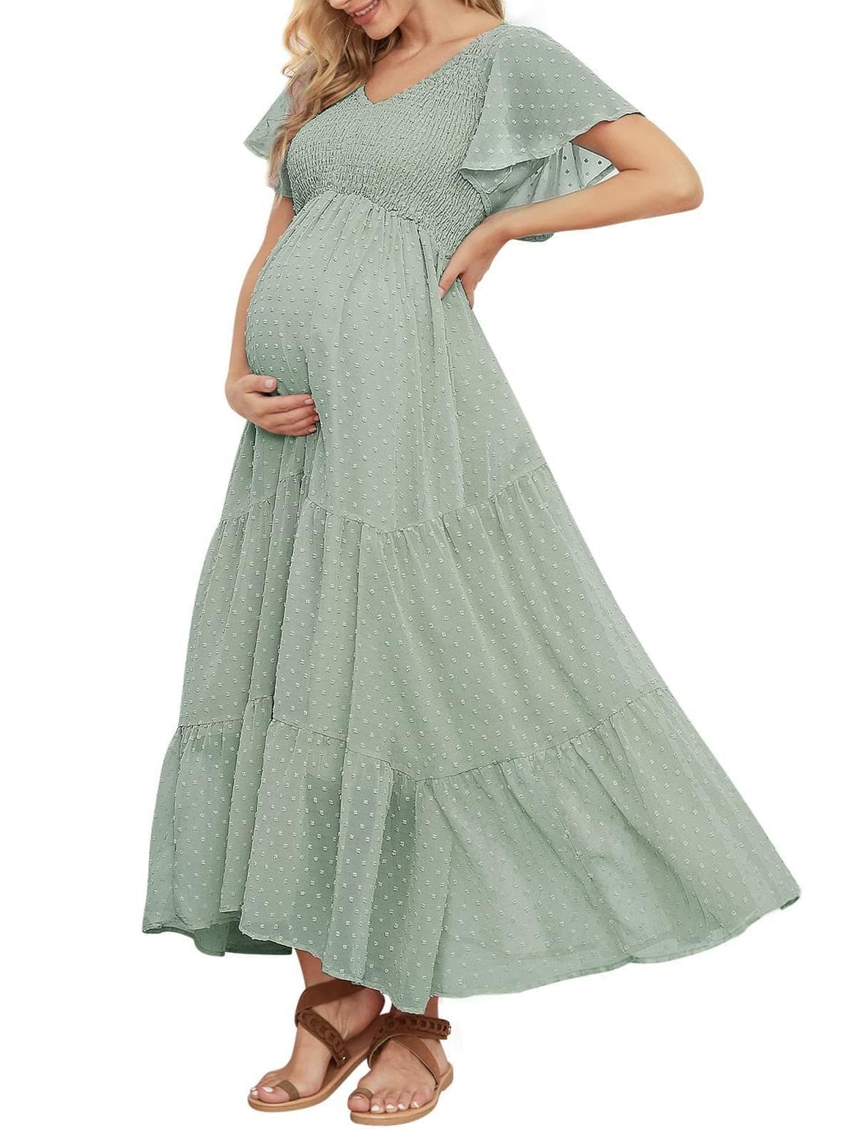 guruixu Swiss DOT Polka Dot Maternity Dress with V Neck Ruffle Sleeves Photo Sho
