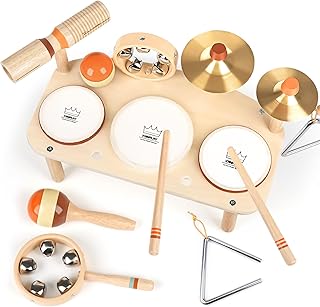 Vanplay Kids Drum Set, Montessori Toys for 2 3 Year Old Boy Girl Gifts | 11 in 1 Wooden Musical Instruments for Toddlers, Musical Activity Table, Explore Music & Rhythm, Christmas Birthday Gift