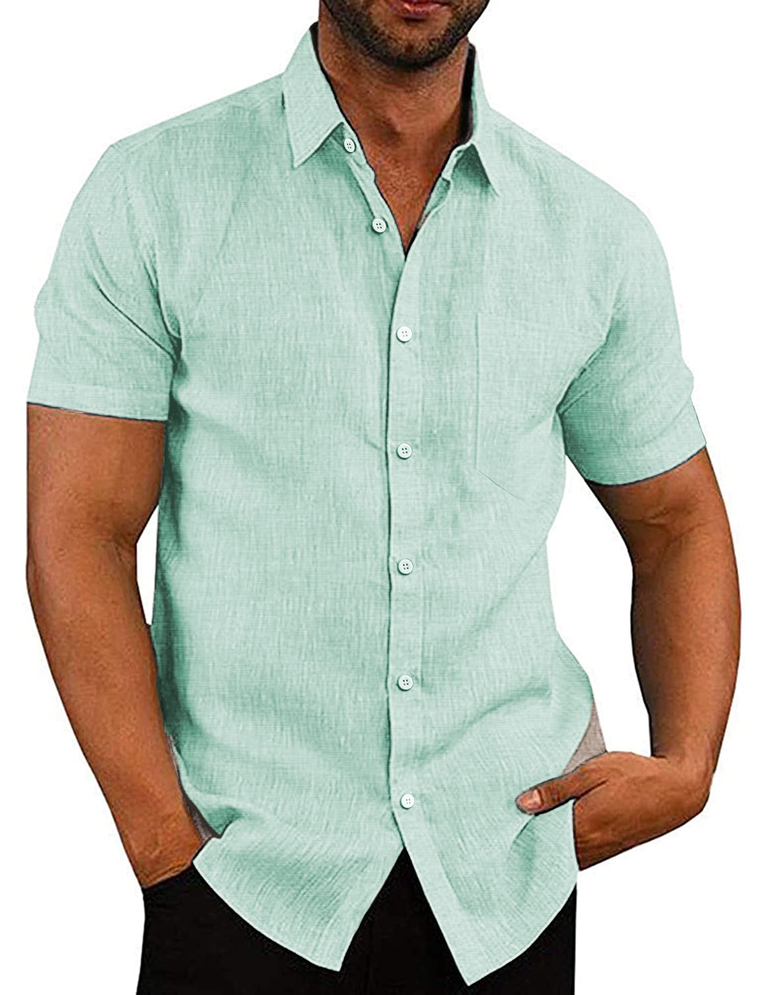 COOFANDY Men's Casual Button Down Shirts Short Sleeve Linen Shirts Summer Beach 