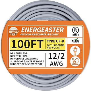Energeaster 12/2 UF-B 100FT Solid Underground Feeder Direct Burial Cable | UV & Moisture Resistant, Ideal for Outdoor Lighting & Pump Installations & Residential Indoor Electrical Projects, UL listed