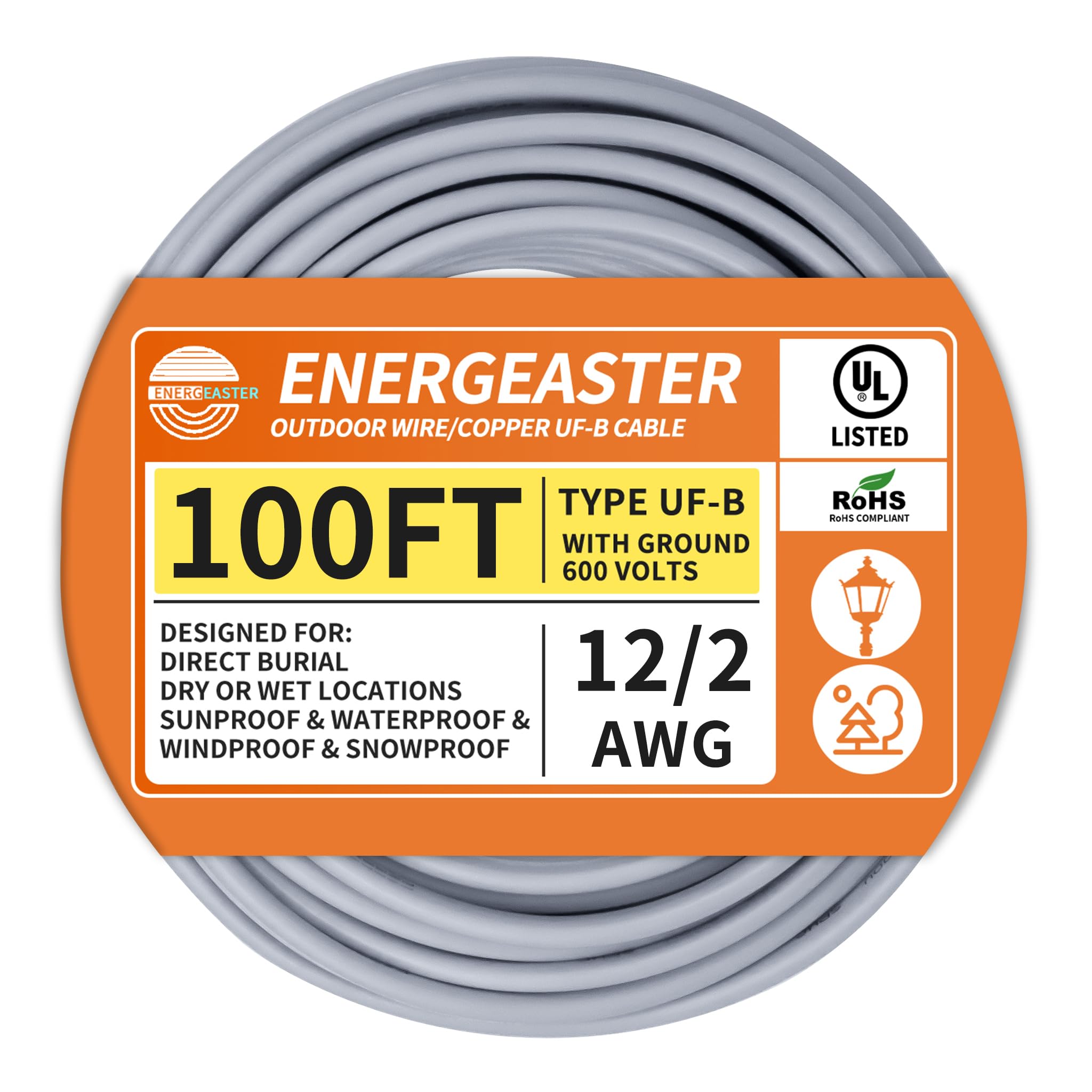 Energeaster 12/2 UF-B 100FT Solid Underground Feeder Direct Burial Cable | UV & 