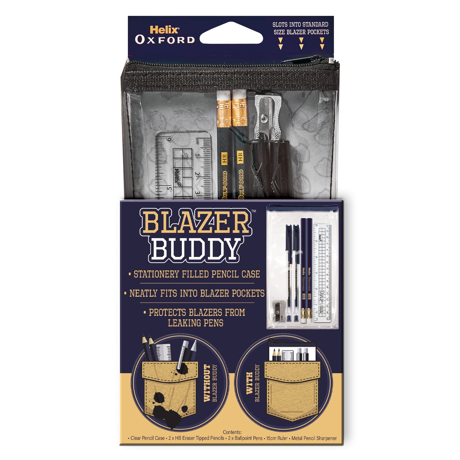 Helix Oxford Blazer Buddy Essential Stationery Set with Compact Clear Pencil Cas