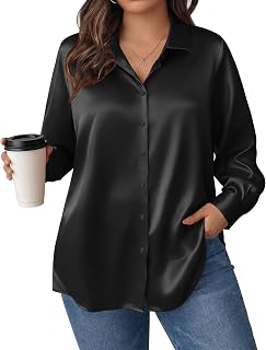 IN'VOLAND Women Plus Size Satin Blouses Long Sleeve Button Down Silk Shirts
