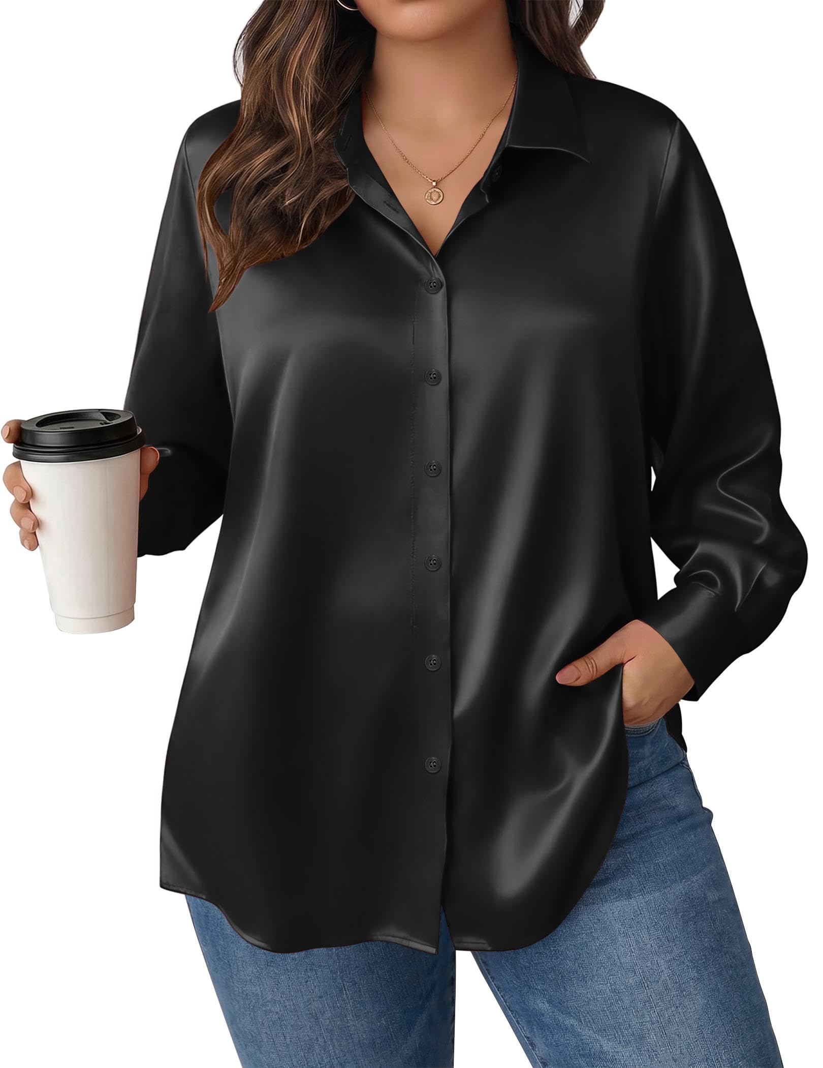 IN'VOLAND Women Plus Size Satin Blouses Long Sleeve Button Down Silk Shirts