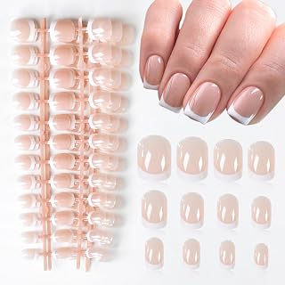 120pcs Short Press Nails, 5 Kit Pre-designed French False Nails Salon Glossy Clear Nude Nail Art Tips for Women Girls Daily Nails with Adhesive Tab L3158c