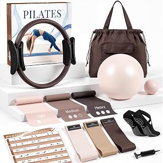 GINMIC Pilates Kit, Pilates Equipment for Home Workouts, at Home Pilates Set with Complete Accessories: Ring, Ball, Long and Loop Resistance Bands, Socks, Massage Ball, Guide & Bag