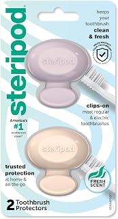 Steripod Clip-On Toothbrush Protector, Pink/Blue, 2 Count | Fits Most Manual and Electric Brushes, Fresh-Scented Thymol, Made without BPA, Travel-Ready
